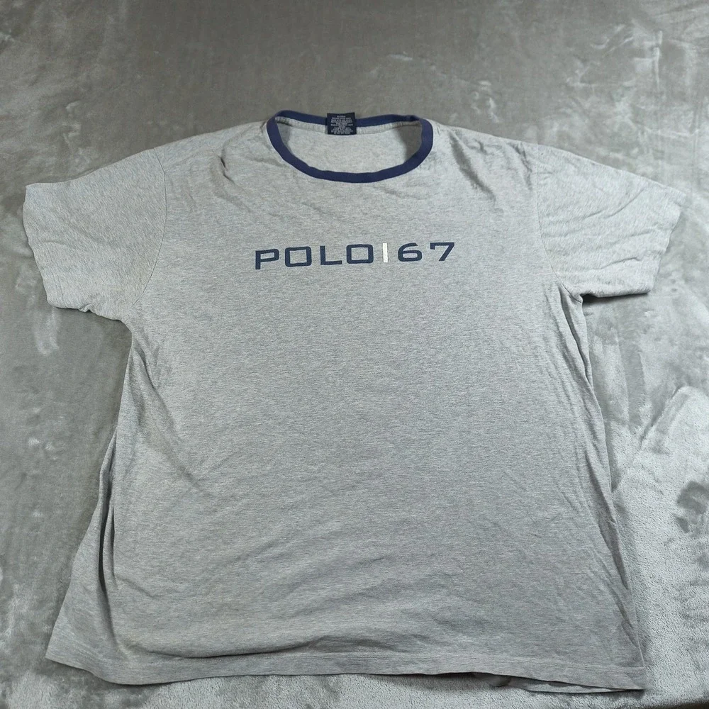 Vintage Polo Ralph Lauren Shirt Mens Large Gray‎ Blue Ringer 67 Crew Neck